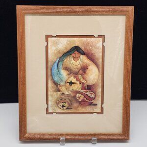 Framed Native American Art Print By Mullan 1980s Double Cut Through Mat Oak Wood